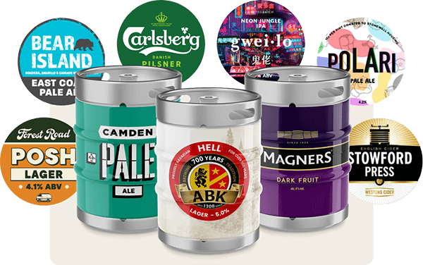 Branded Kegs and beers logos, Carlsberg, Stowford Press, Bear Island, Polari